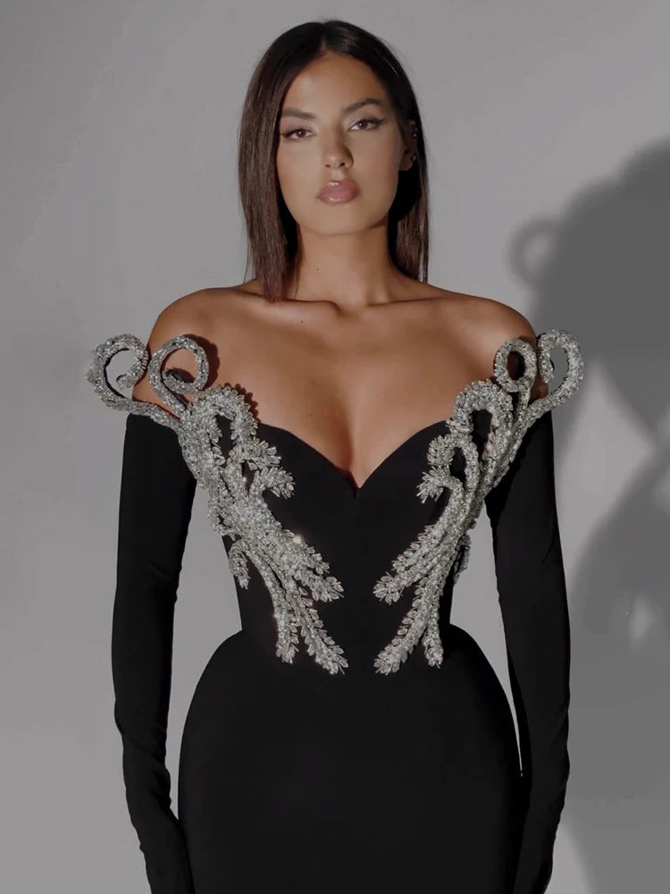 Women's Elegant Crystal V Neck Party Dress - Empressive Luxe