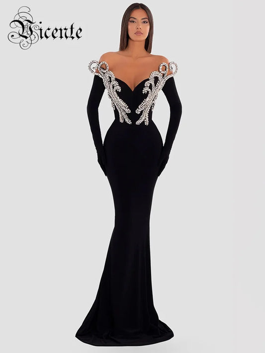 Women's Elegant Crystal V Neck Party Dress - Empressive Luxe 